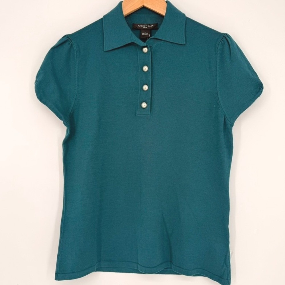 August Silk‎ Womens Teal Blue Silk Blend Puff Sleeve Polo L Twee Dark Academia